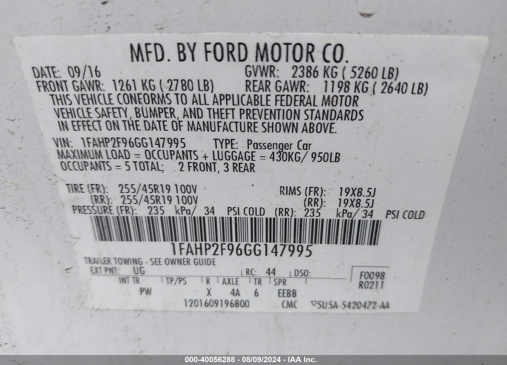2016 FORD TAURUS LIMITED VIN: 1FAHP2F96GG147995