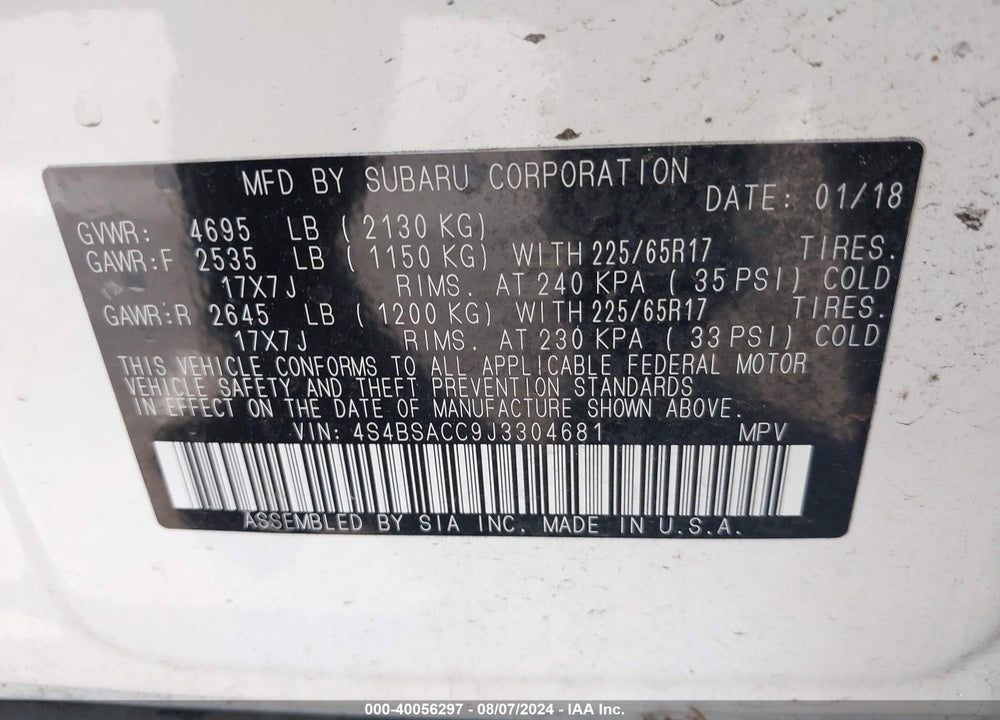 2018 SUBARU OUTBACK 2.5I PREMIUM VIN: 4S4BSACC9J3304681