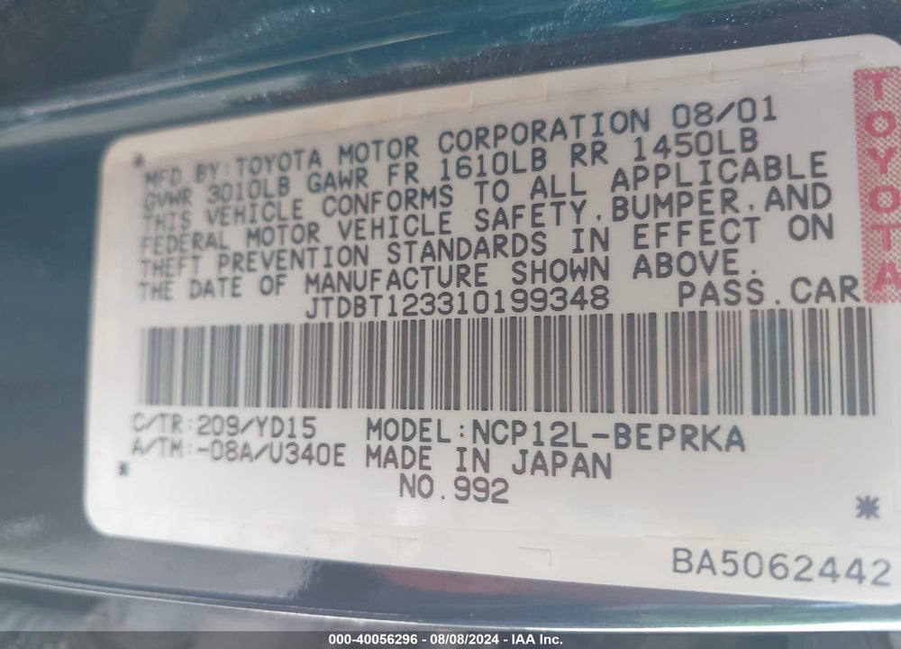 2001 TOYOTA ECHO VIN: JTDBT123310199348