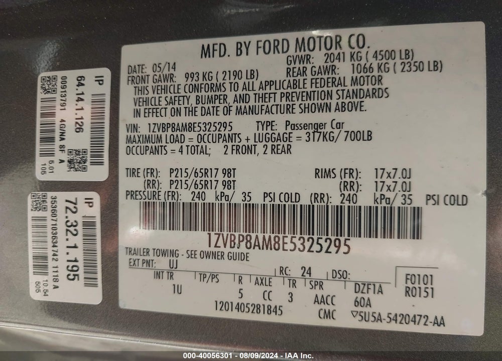2014 FORD MUSTANG V6 VIN: 1ZVBP8AM8E5325295