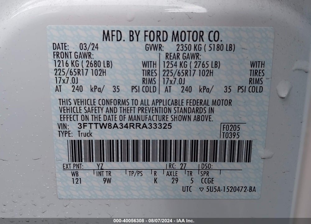 2024 FORD MAVERICK XL VIN: 3FTTW8A34RRA33325