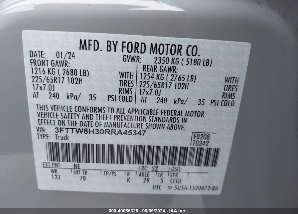 2024 FORD MAVERICK XLT VIN: 3FTTW8H30RRA45347