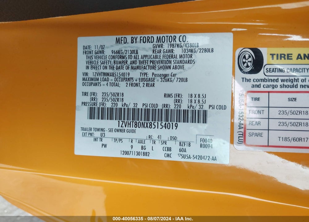2008 FORD MUSTANG V6 DELUXE/V6 PREMIUM VIN: 1ZVHT80NX85154019