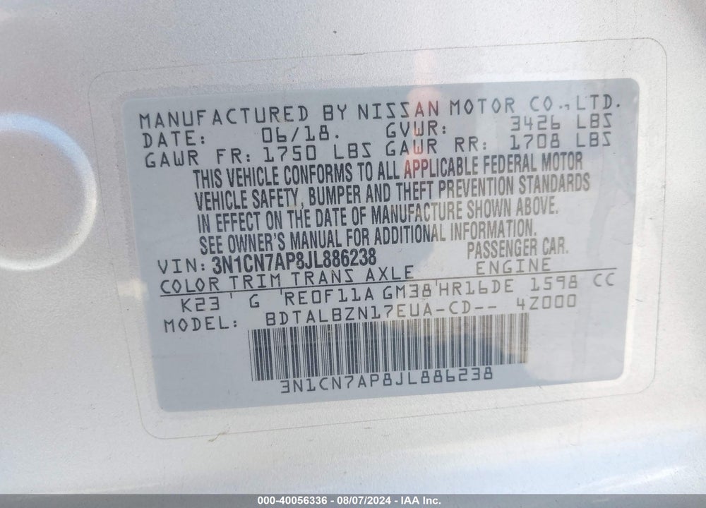 2018 NISSAN VERSA 1.6 SV VIN: 3N1CN7AP8JL886238