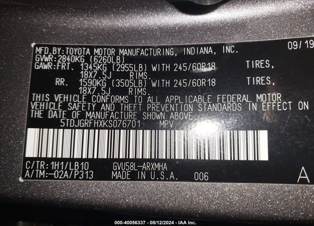 2019 TOYOTA HIGHLANDER HYBRID VIN: 5TDJGRFHXKS076701