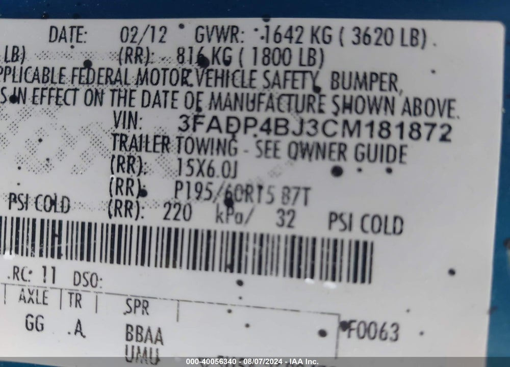 2012 FORD FIESTA SE VIN: 3FADP4BJ3CM181872