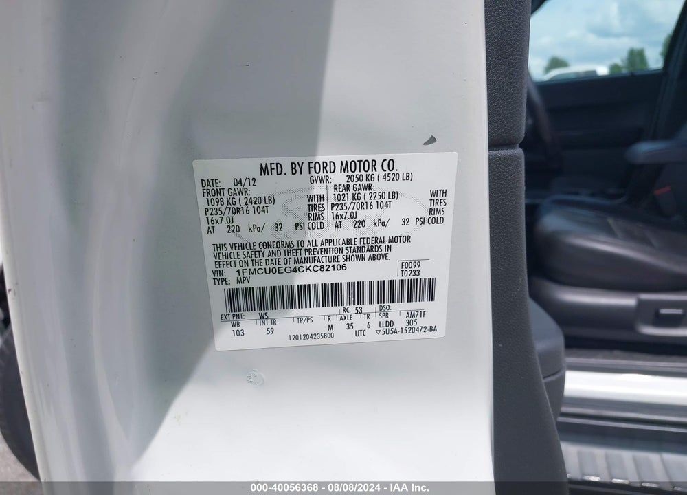 2012 FORD ESCAPE LIMITED VIN: 1FMCU0EG4CKC82106