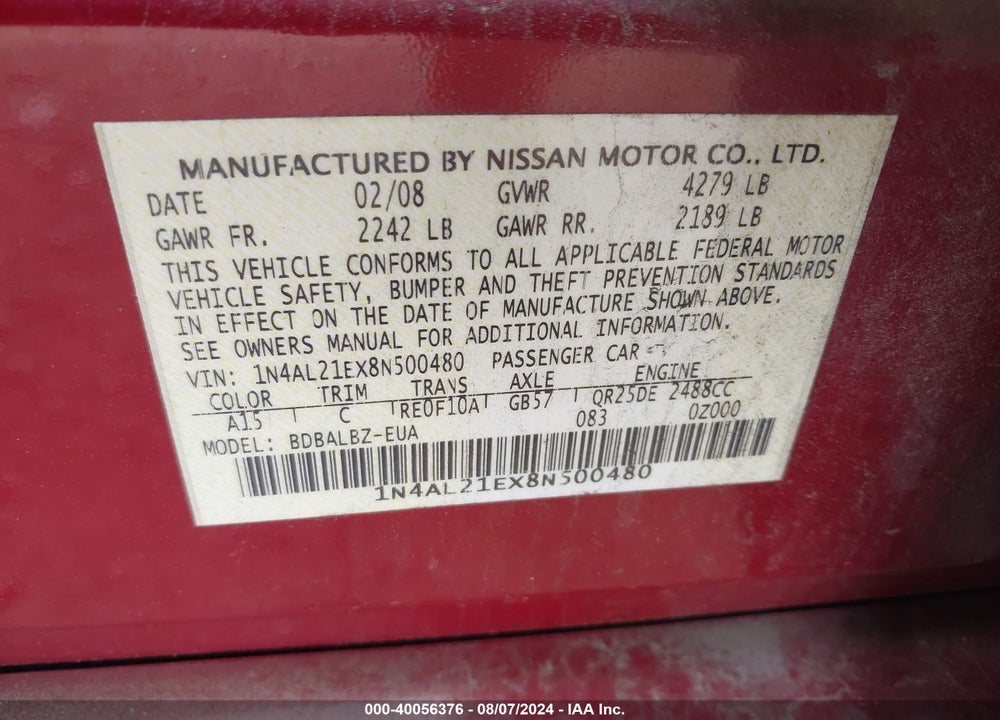 2008 NISSAN ALTIMA 2.5 S VIN: 1N4AL21EX8N500480