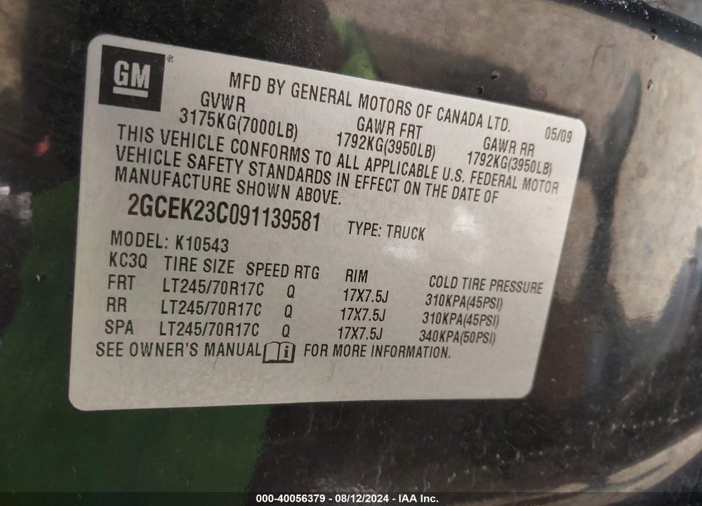 2009 CHEVROLET SILVERADO 1500 LT VIN: 2GCEK23C091139581