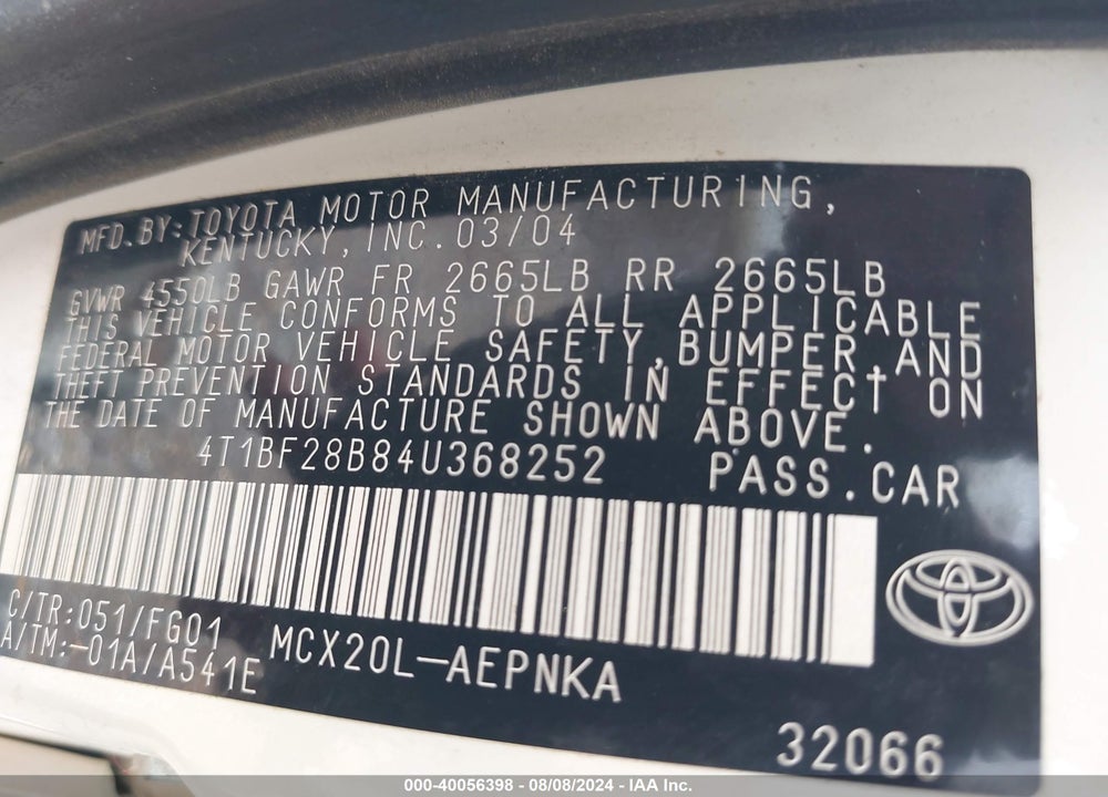 2004 TOYOTA AVALON XL VIN: 4T1BF28B84U368252