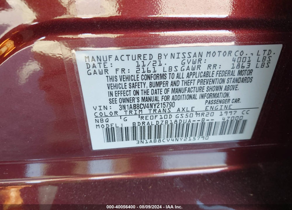 2022 NISSAN SENTRA SV XTRONIC CVT VIN: 3N1AB8CV4NY215790