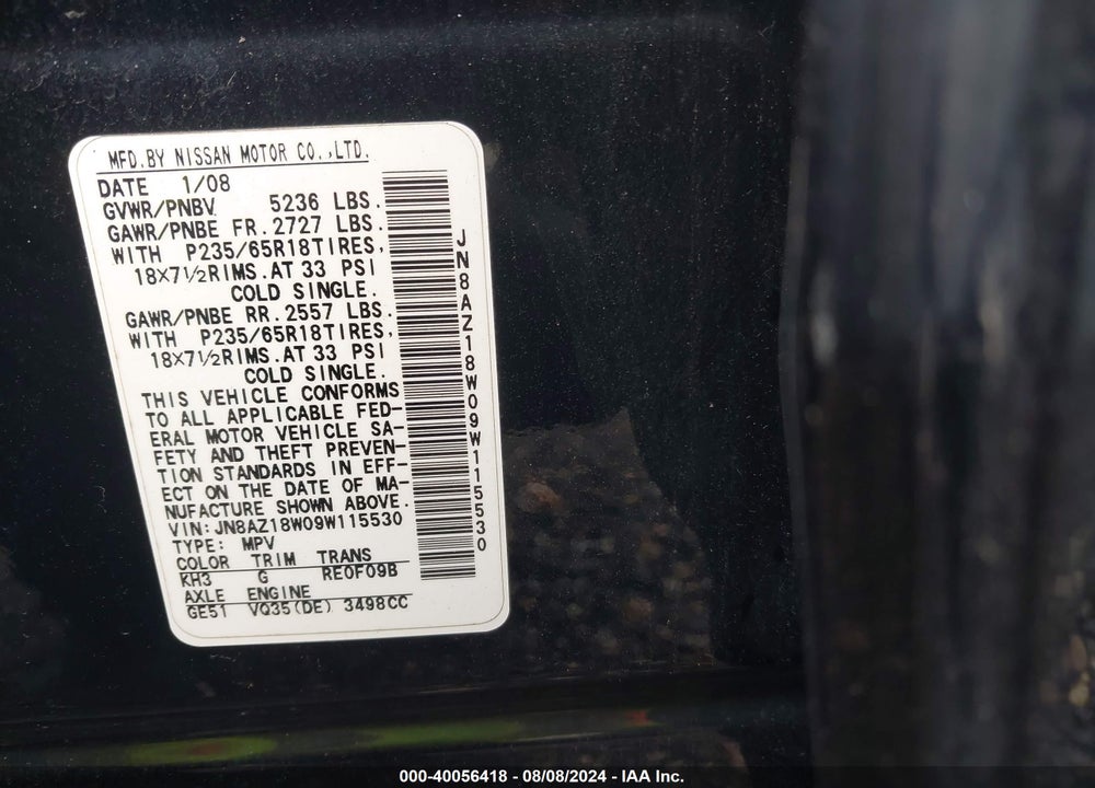 2009 NISSAN MURANO SL VIN: JN8AZ18W09W115530