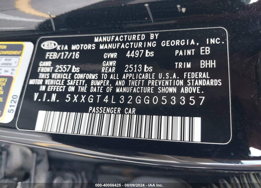 2016 KIA OPTIMA LX VIN: 5XXGT4L32GG053357