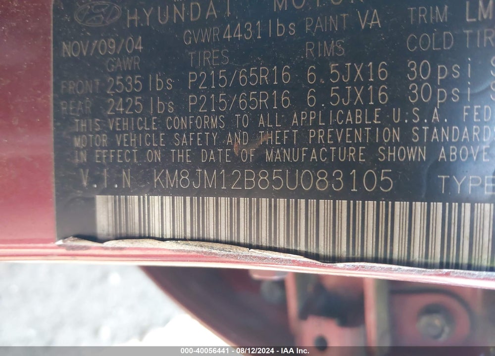2005 HYUNDAI TUCSON GL VIN: KM8JM12B85U083105