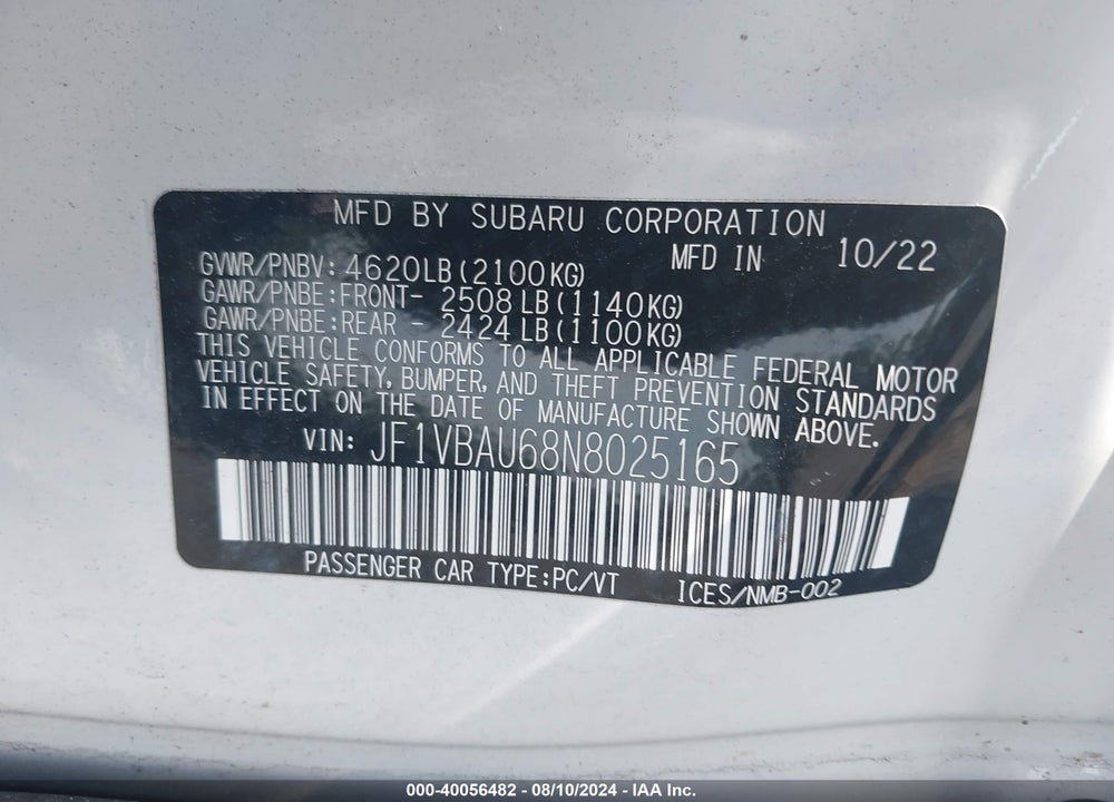 2022 SUBARU WRX GT VIN: JF1VBAU68N8025165
