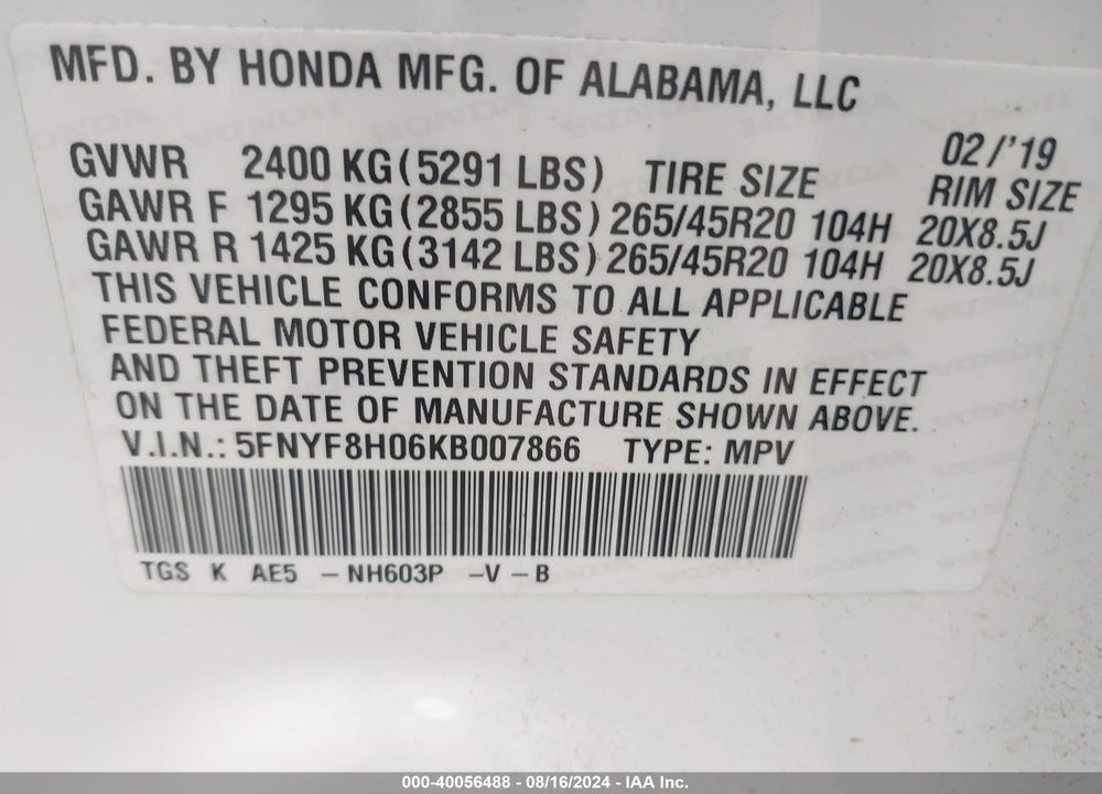 2019 HONDA PASSPORT ELITE VIN: 5FNYF8H06KB007866