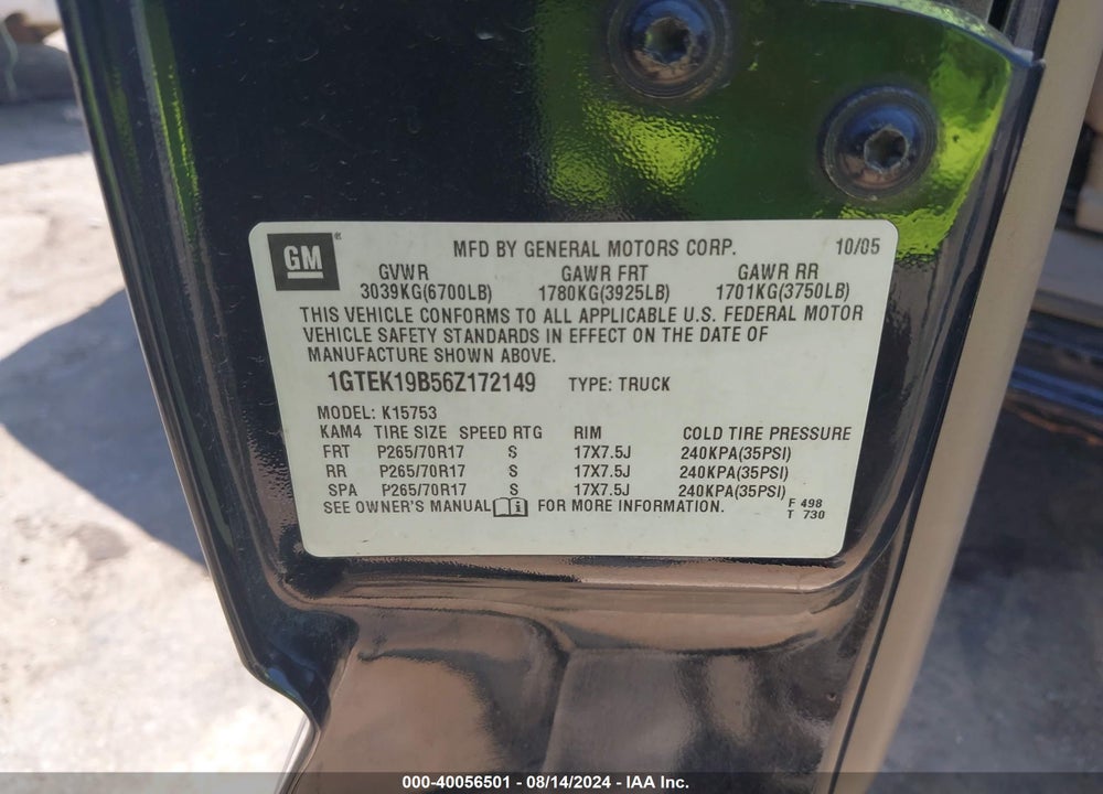 2006 GMC SIERRA 1500 SLE1 VIN: 1GTEK19B56Z172149