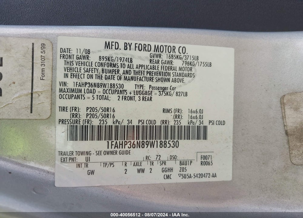 2009 FORD FOCUS SES VIN: 1FAHP36N89W188530