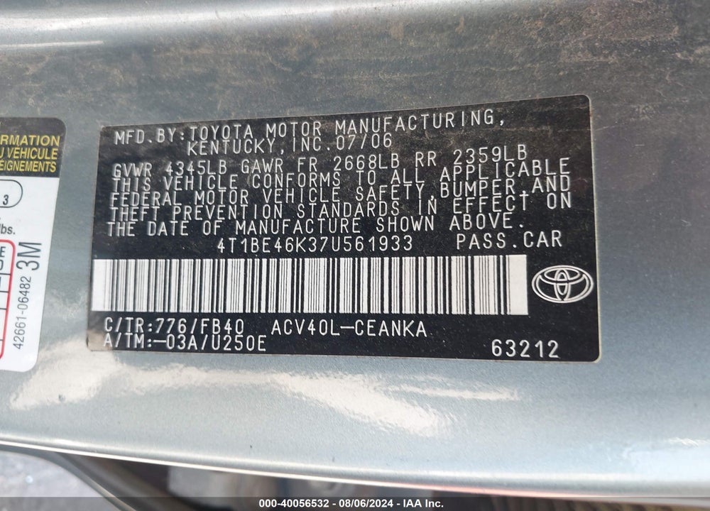 2007 TOYOTA CAMRY LE VIN: 4T1BE46K37U561933