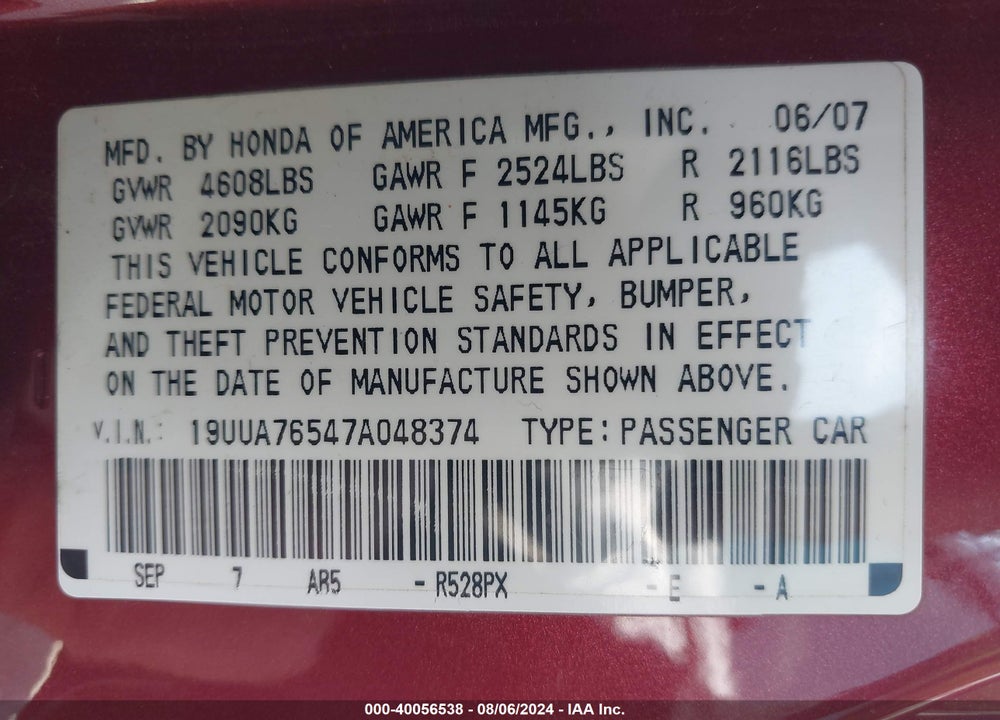 2007 ACURA TL VIN: 19UUA76547A048374