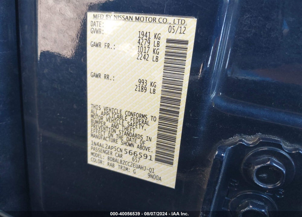2012 NISSAN ALTIMA 2.5 S VIN: 1N4AL2AP5CN566591