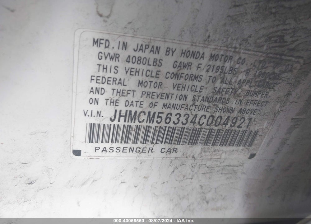 2004 HONDA ACCORD 2.4 LX VIN: JHMCM56334C004921