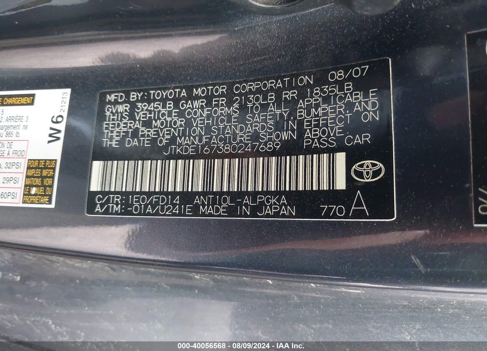 2008 SCION TC VIN: JTKDE167380247689