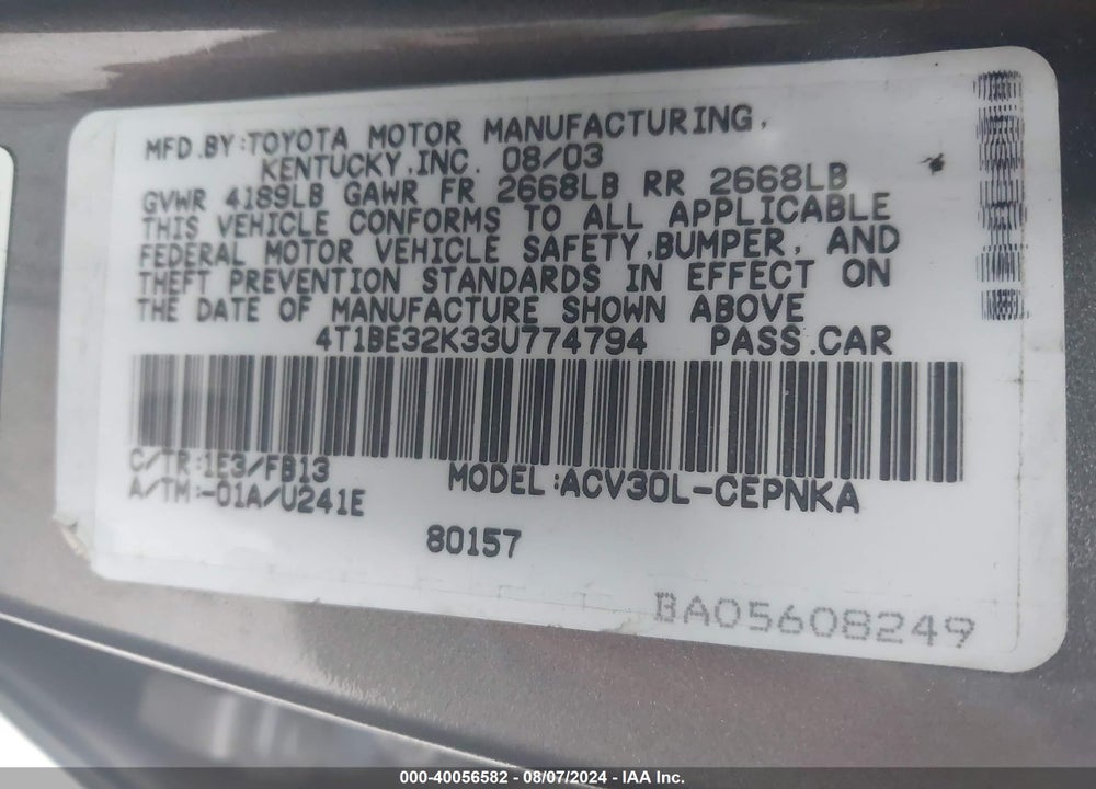 2003 TOYOTA CAMRY LE VIN: 4T1BE32K33U774794