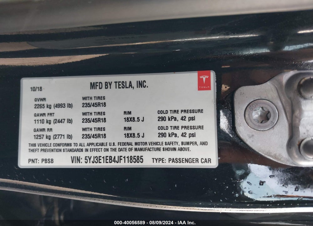 2018 TESLA MODEL 3 LONG RANGE/PERFORMANCE VIN: 5YJ3E1EB4JF118585