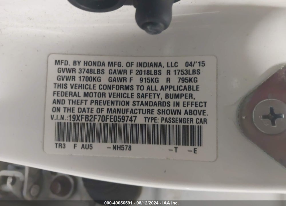 2015 HONDA CIVIC SE VIN: 19XFB2F70FE059747