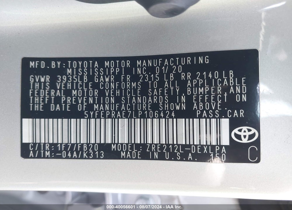 2020 TOYOTA COROLLA LE VIN: 5YFEPRAE7LP106424