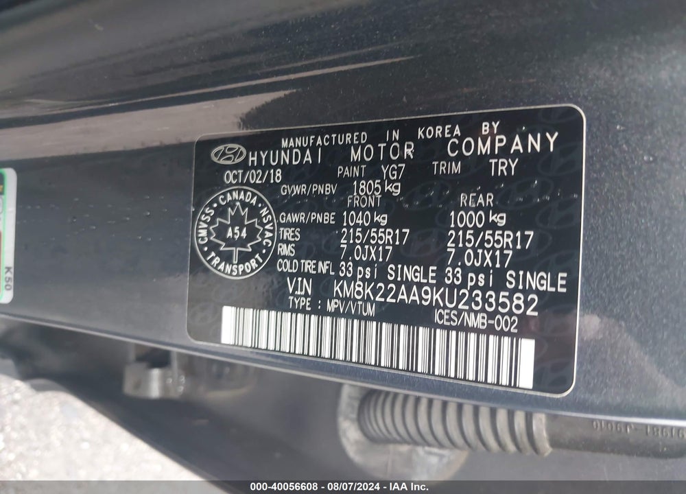 2019 HYUNDAI KONA 2.0L PREFERRED VIN: KM8K22AA9KU233582