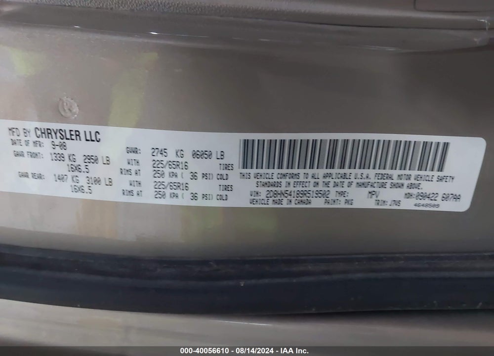 2009 DODGE GRAND CARAVAN SXT VIN: 2D8HN54189R519502