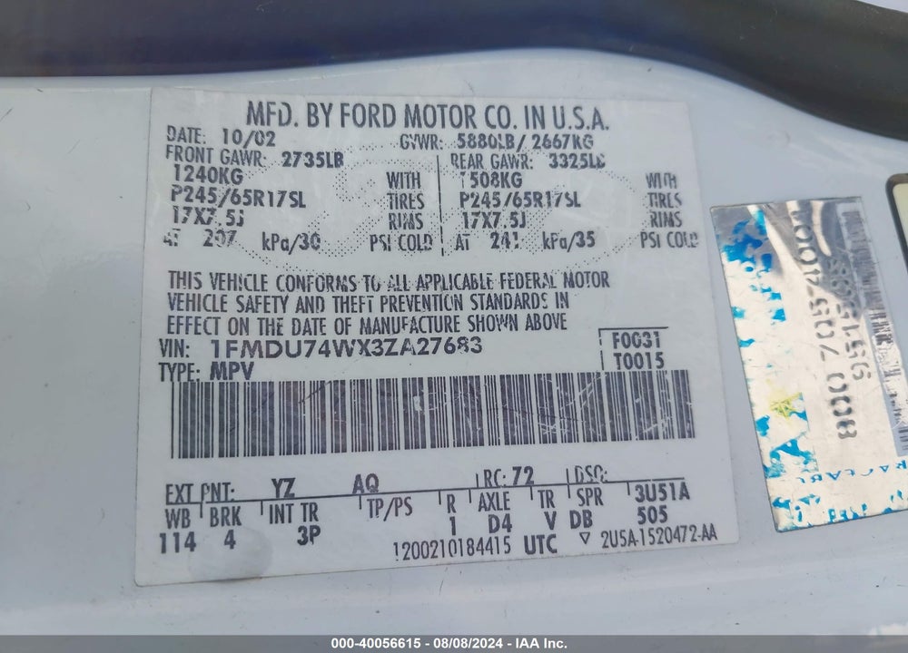 2003 FORD EXPLORER EDDIE BAUER VIN: 1FMDU74WX3ZA27683