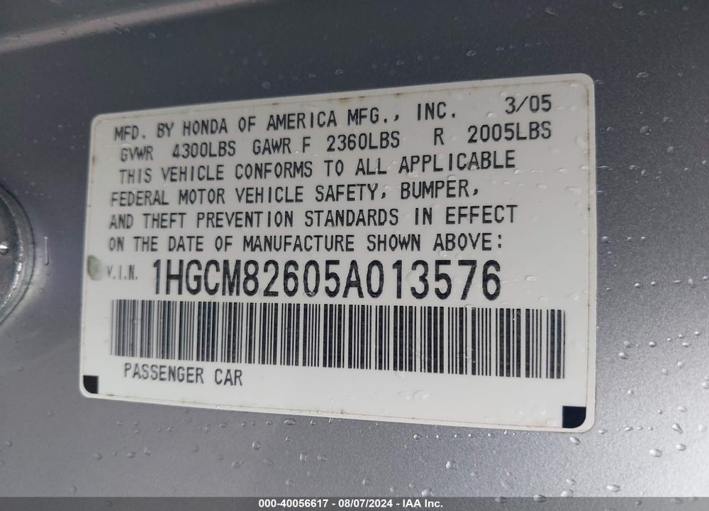2005 HONDA ACCORD 3.0 EX VIN: 1HGCM82605A013576