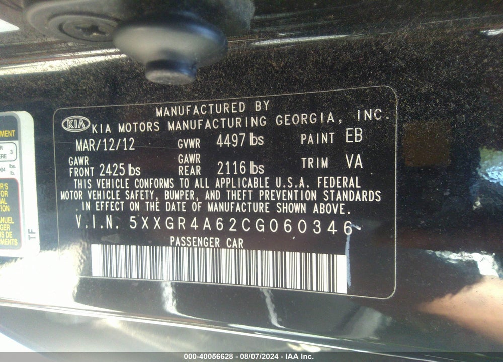 2012 KIA OPTIMA SX VIN: 5XXGR4A62CG060346