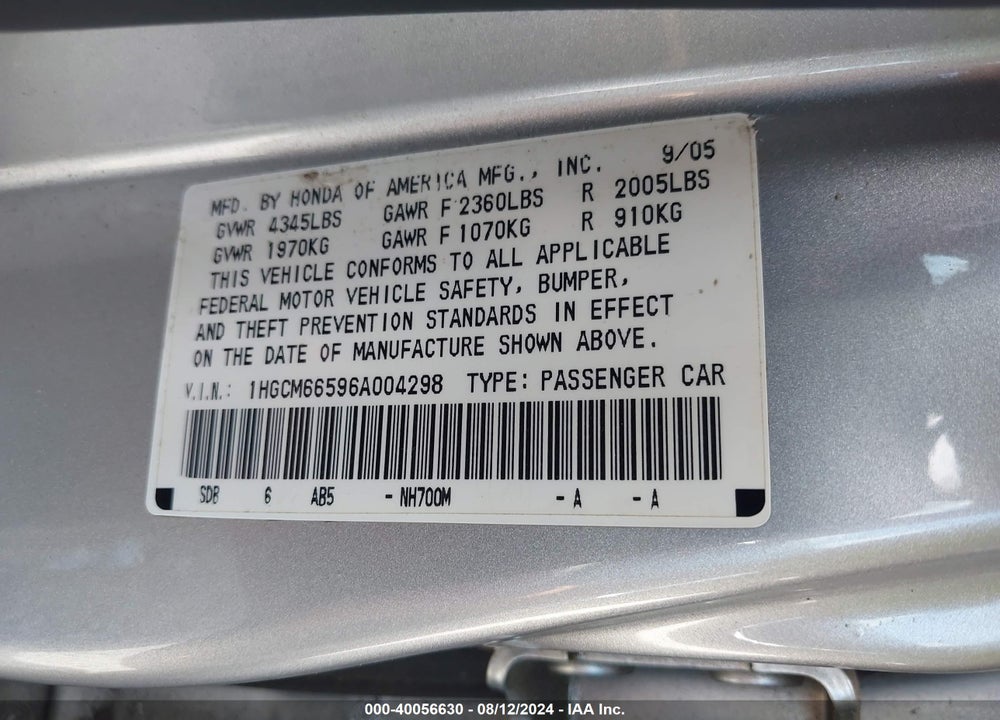 2006 HONDA ACCORD 3.0 EX VIN: 1HGCM66596A004298