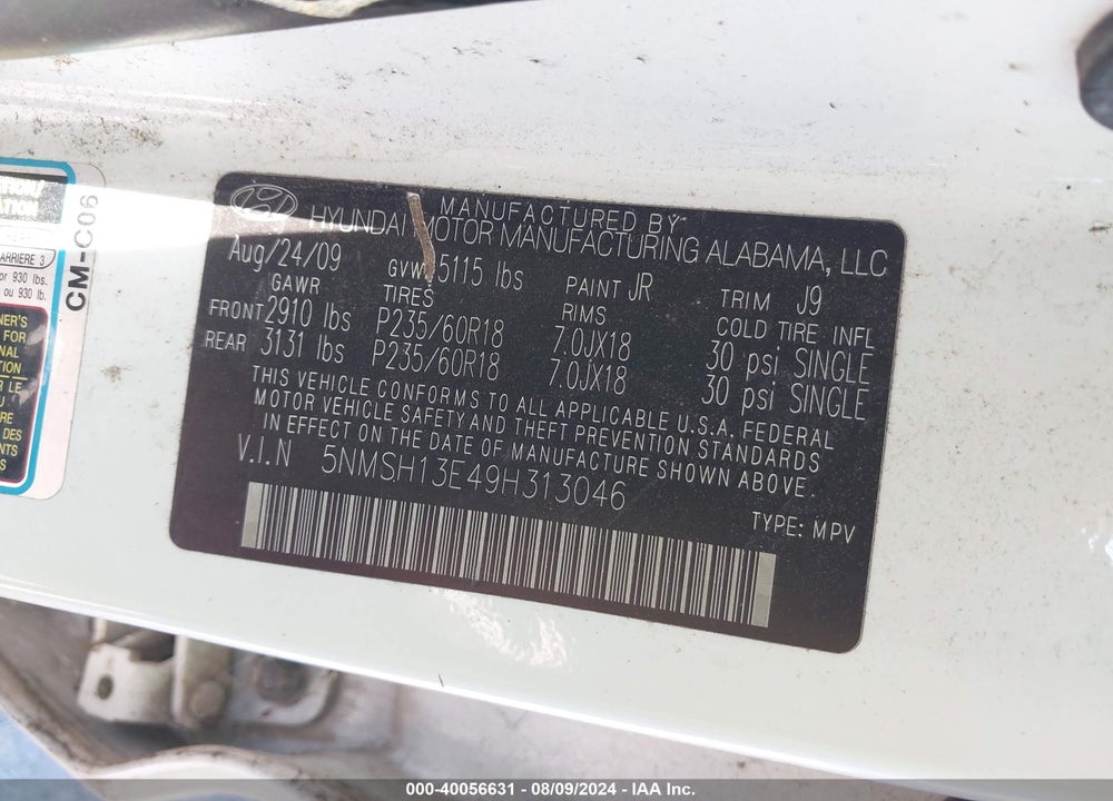2009 HYUNDAI SANTA FE LIMITED VIN: 5NMSH13E49H313046