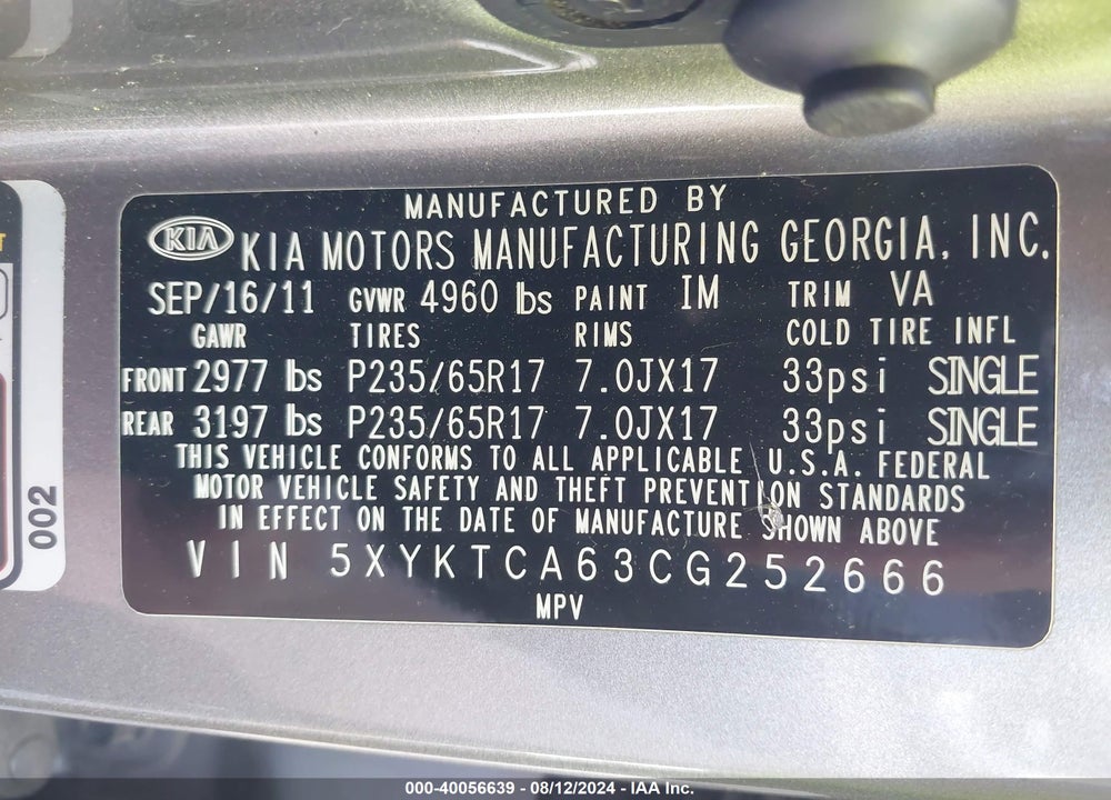 2012 KIA SORENTO LX VIN: 5XYKTCA63CG252666