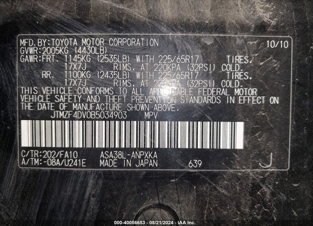 2011 TOYOTA RAV4 VIN: JTMZF4DV0B5034903
