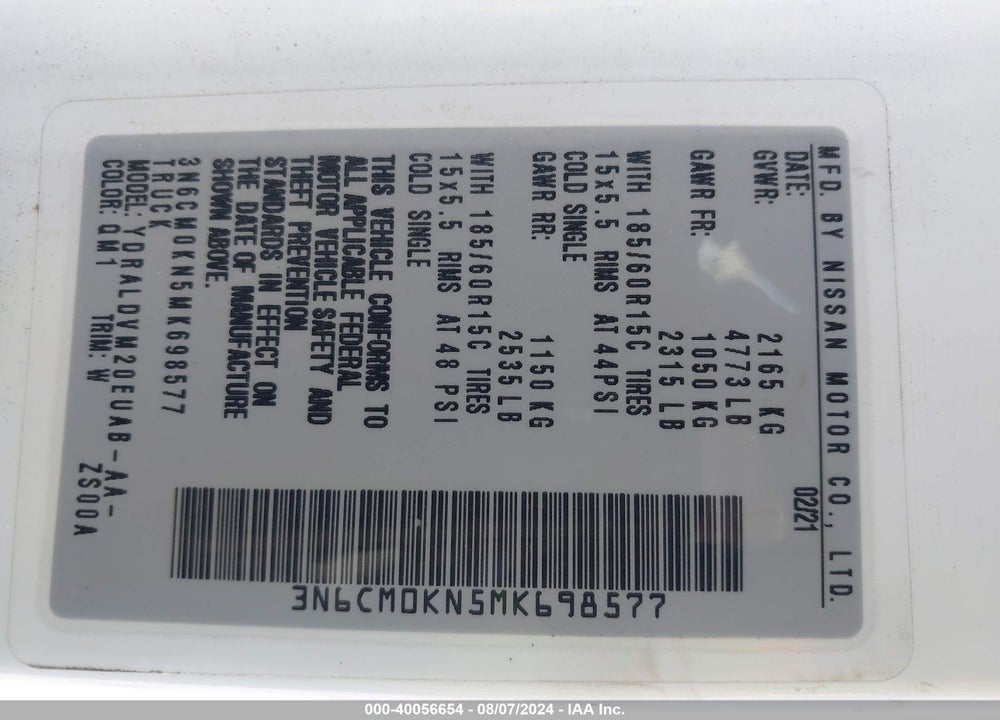 2021 NISSAN NV200 COMPACT CARGO S XTRONIC CVT VIN: 3N6CM0KN5MK698577