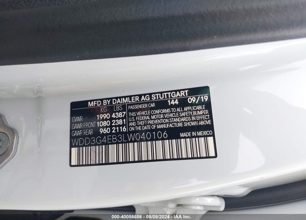 2020 MERCEDES-BENZ A 220 VIN: WDD3G4EB3LW040106