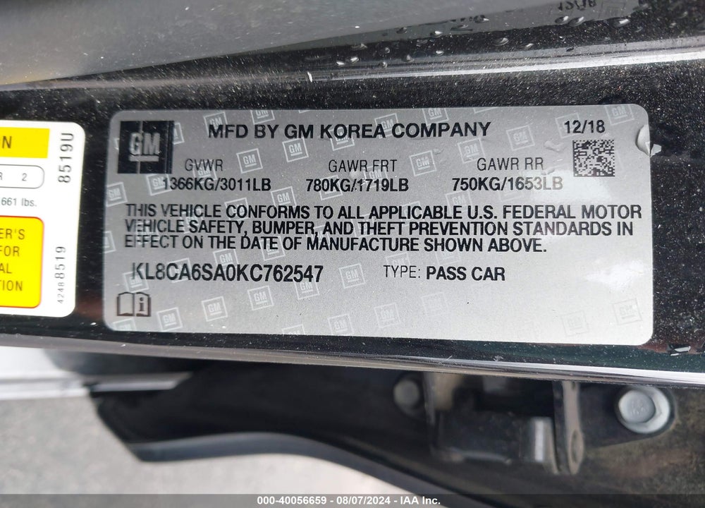 2019 CHEVROLET SPARK LS MANUAL VIN: KL8CA6SA0KC762547