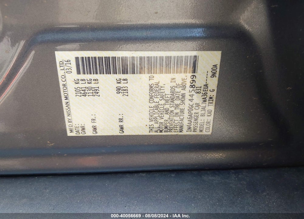 2016 NISSAN MAXIMA 3.5 PLATINUM/3.5 S/3.5 SL/3.5 SR/3.5 SV VIN: 1N4AA6AP0GC445899