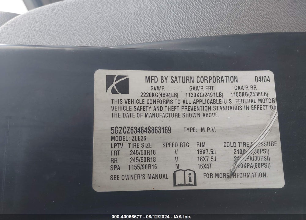 2004 SATURN VUE V6 VIN: 5GZCZ53444S824560