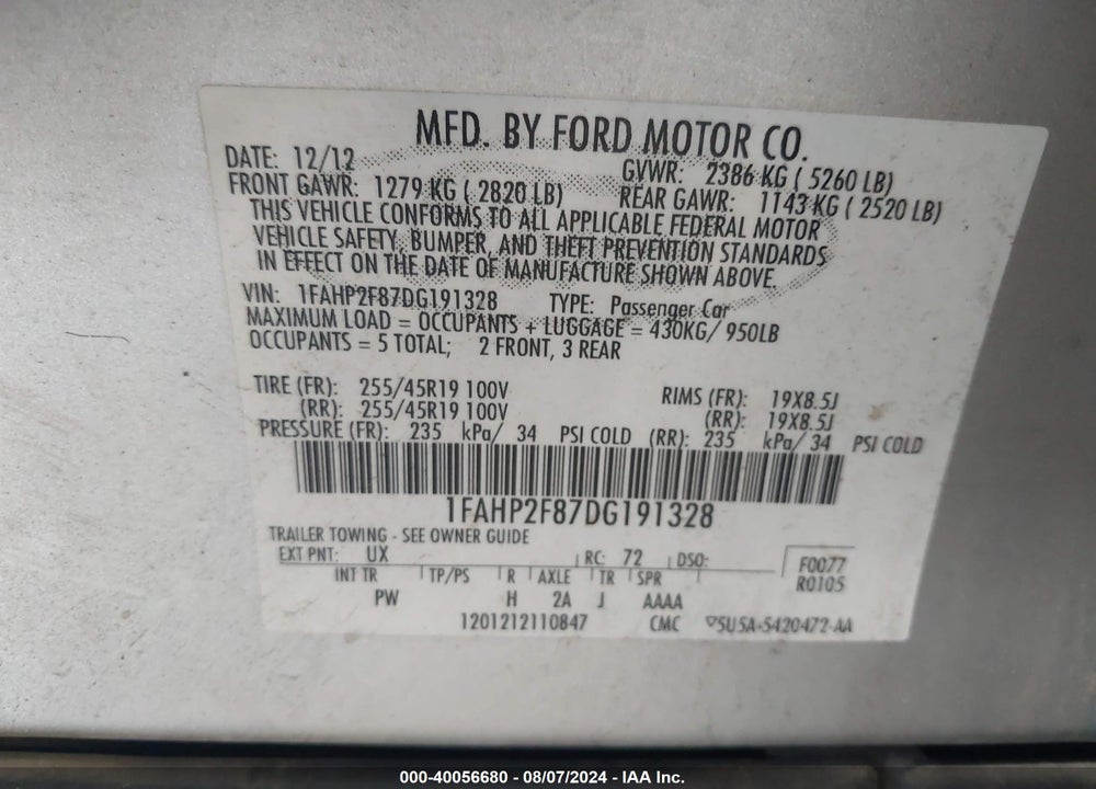 2013 FORD TAURUS LIMITED VIN: 1FAHP2F87DG191328