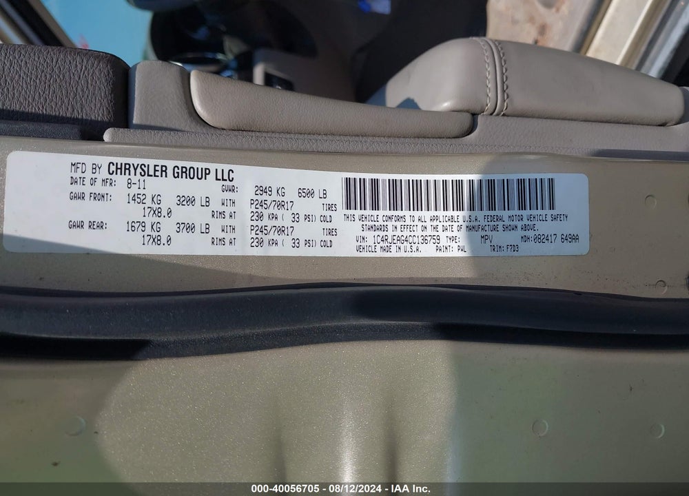 2012 JEEP GRAND CHEROKEE LAREDO VIN: 1C4RJEAG4CC136759