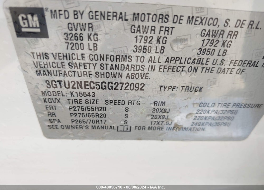 2016 GMC SIERRA 1500 SLT VIN: 3GTU2NEC5GG272092