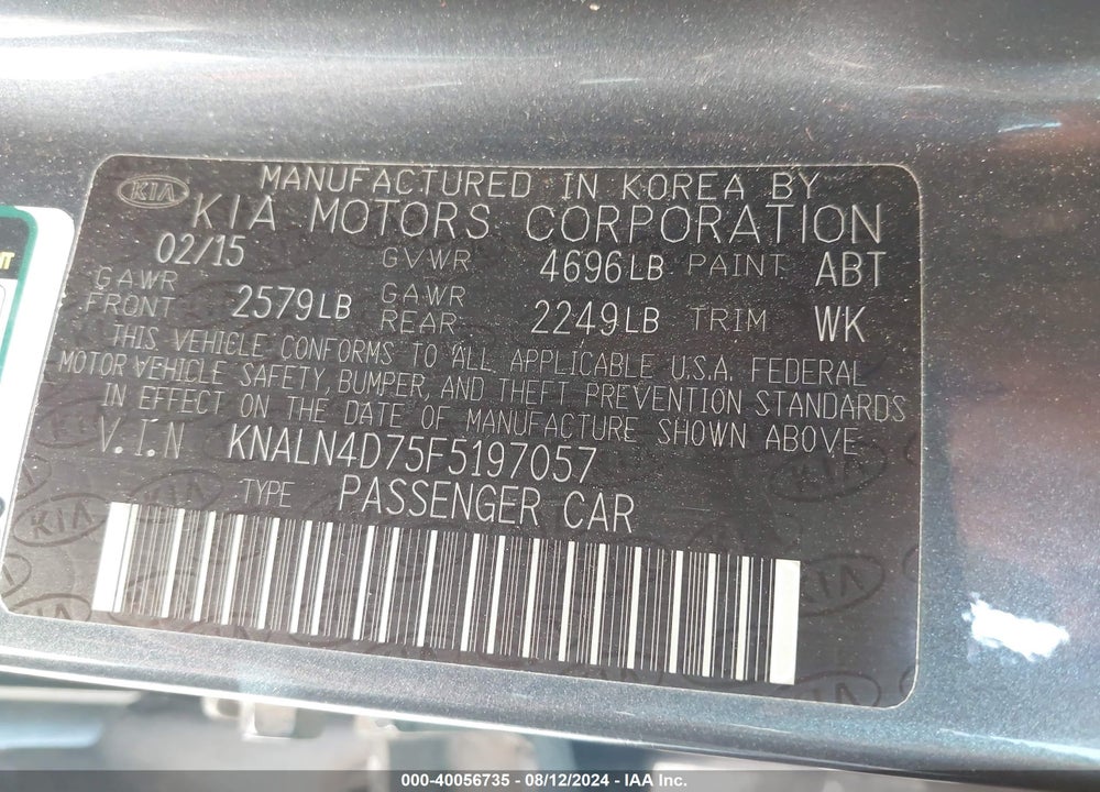 2015 KIA CADENZA VIN: KNALN4D75F5197057