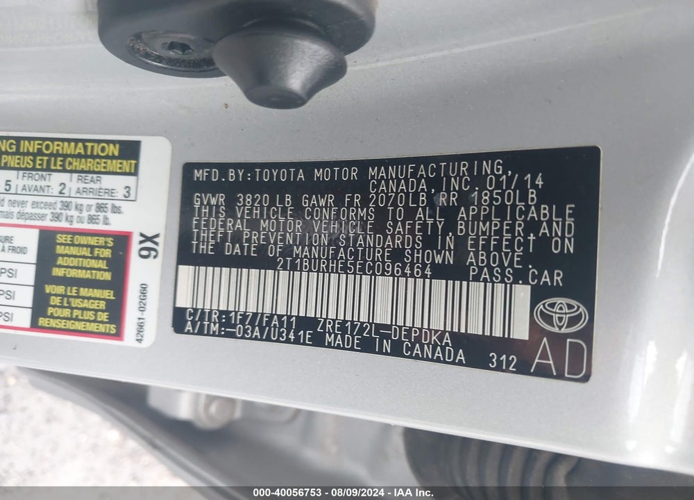 2014 TOYOTA COROLLA L VIN: 2T1BURHE5EC096464